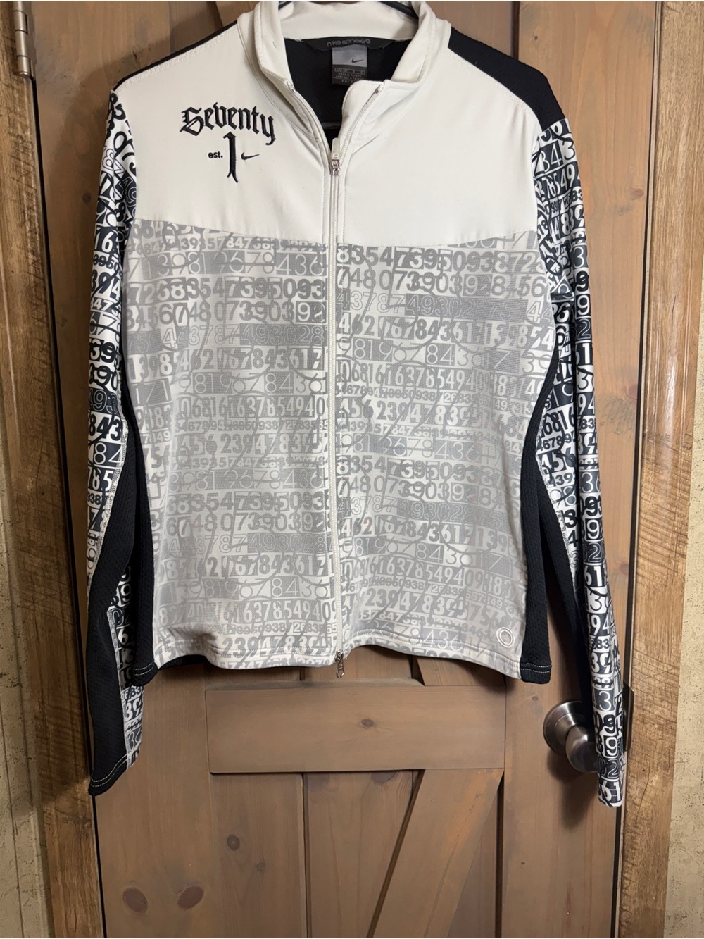 Nike White and Black Varsity Jacket with Number Print